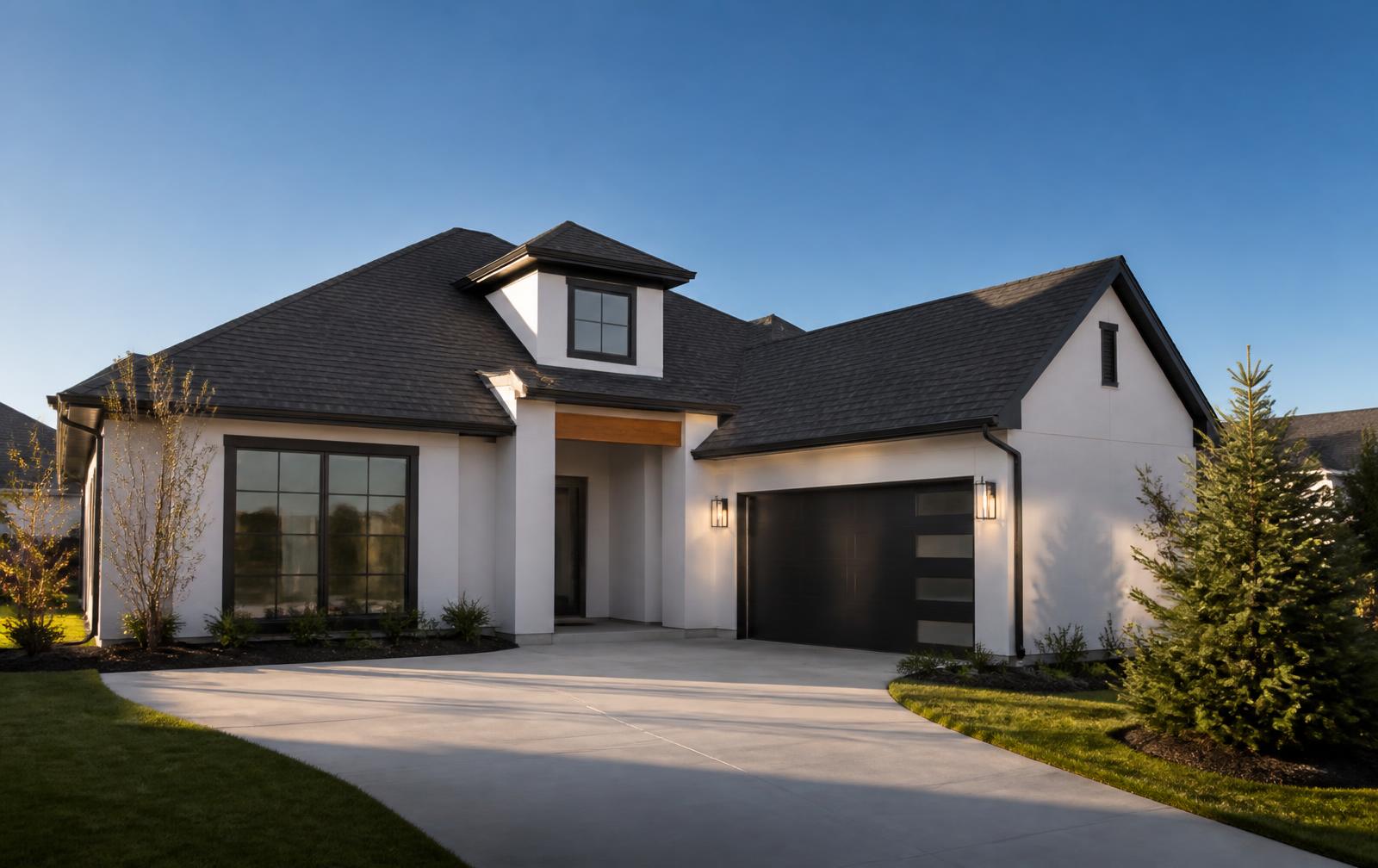 Newly built home with a fresh architectural shingle roof and concrete driveway